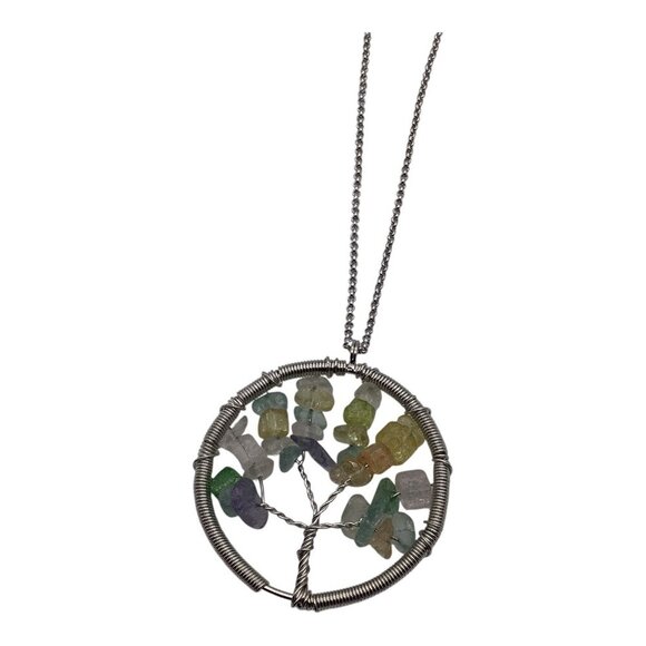 Tree Of Life Necklace With Natural Gemstones Rainbow Chain Circle Pendant - Picture 10 of 10